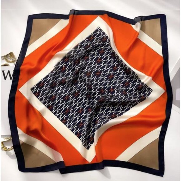 ✨Luxurious Elegant Bandana Square Scarf Silky Soft Satin Soft ORANGE Geometric✨ - Picture 3 of 4